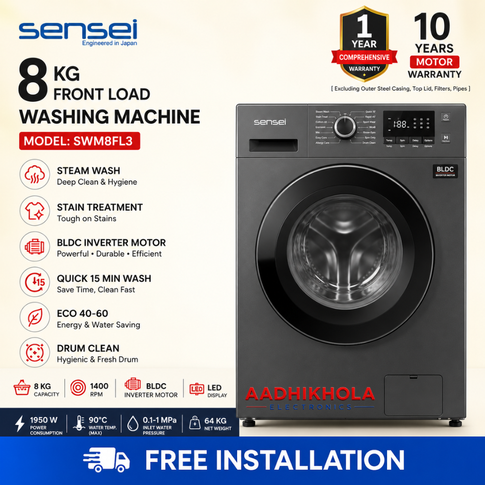 SWM8FL3 = 8Kg Front Load Fully Automatic Washing Machine | BLDC Inverter Motor | Steam Wash | 1400 RPM Spin Speed | LED Display | 10 Years Motor Warranty
