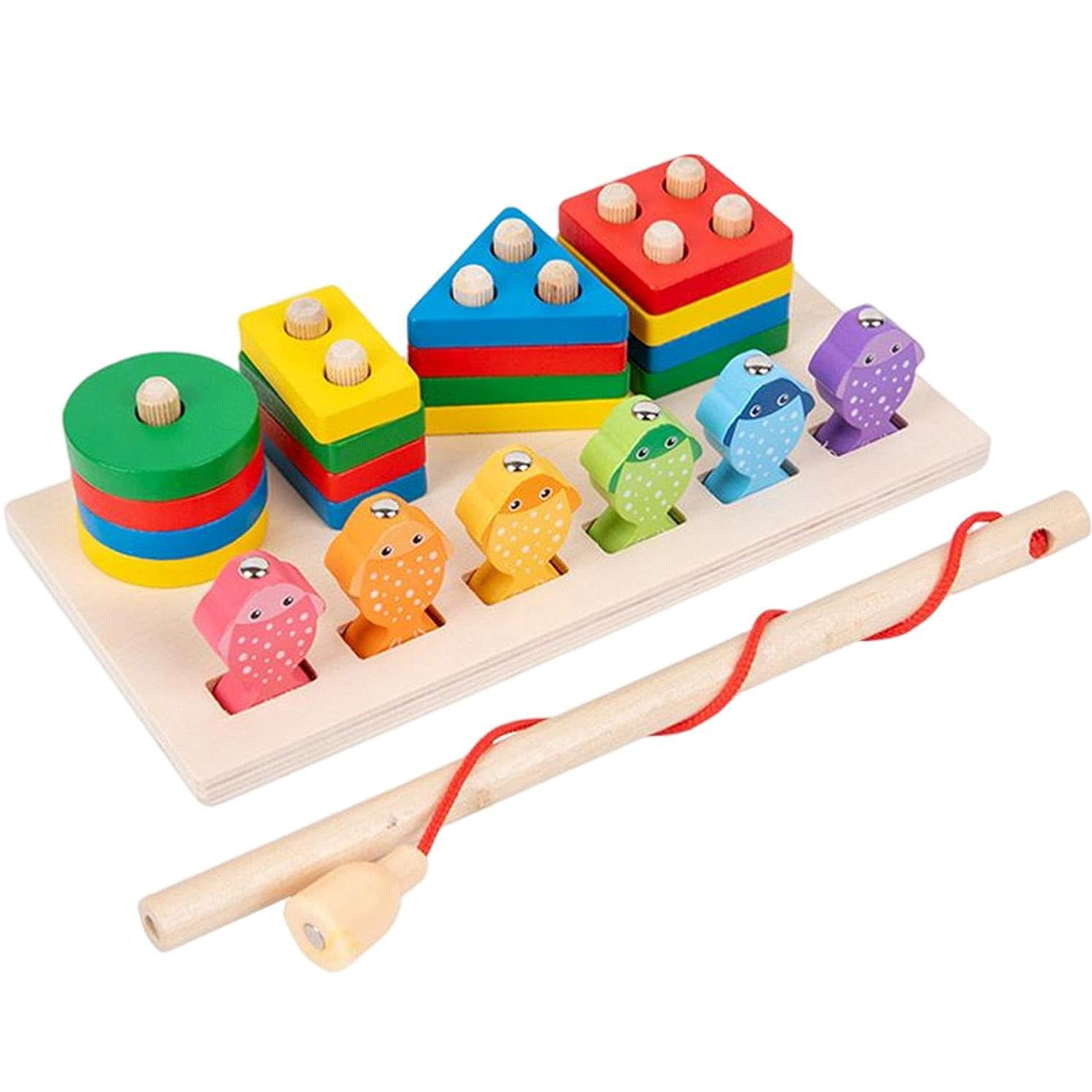 Colorful Wooden Montessori Magnetic Fishing Puzzle Board with Shape Matching Stacking Blocks, Math Counting Toy for Baby & Toddlers, Cognitive & Motor Skill Development