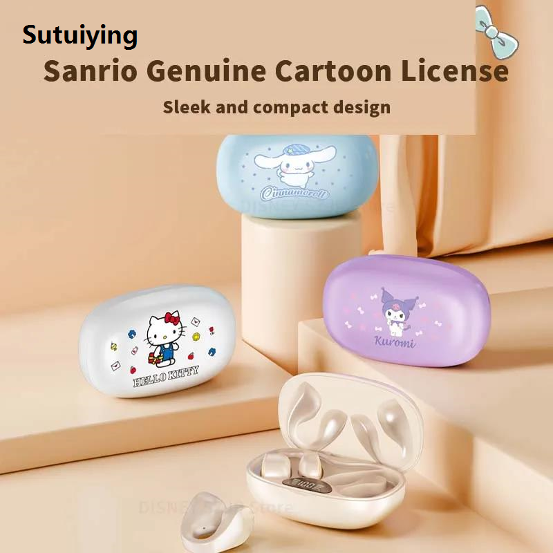 Sutuiying Sanrio Wireless Headphones BL79 Bluetooth 5.4 Hello Kitty Earphones Earclip Design Touch Control HD Call Sports Earbuds with Mic