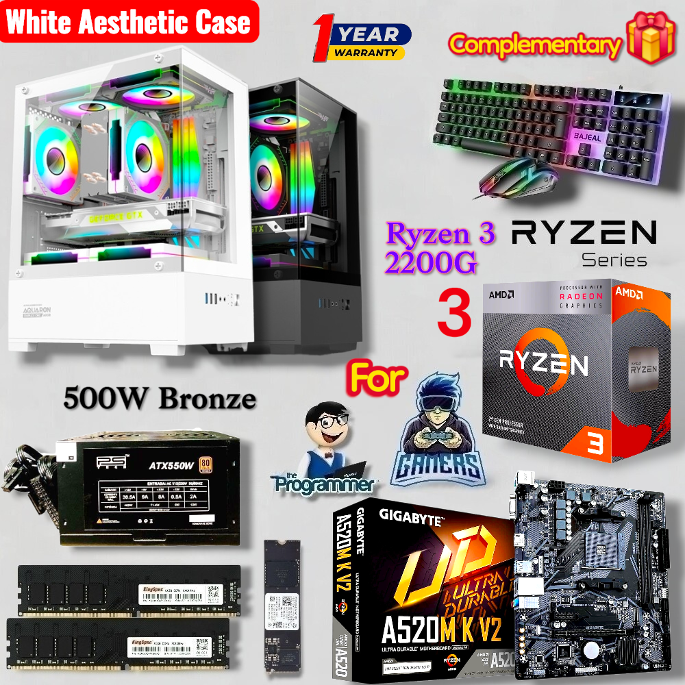 Transparent Basic Gaming PC Full Setup with Ryzen 3 2200G, 256/512GB NVMe M.2 SSD, 500Watt PSU, 8/16GB 3200Mhz DDR4 RAM