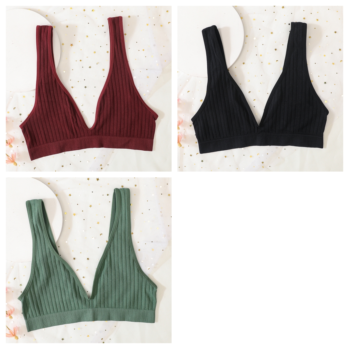( GREEN/L ) 3pcs/lot Seamless Bra Push Up Bras For Women Deep V-neck Bralette Saxy Lingerie Female Low Back Sleep Underwear Unlined Crop Top Bles Online DZ-22A-24