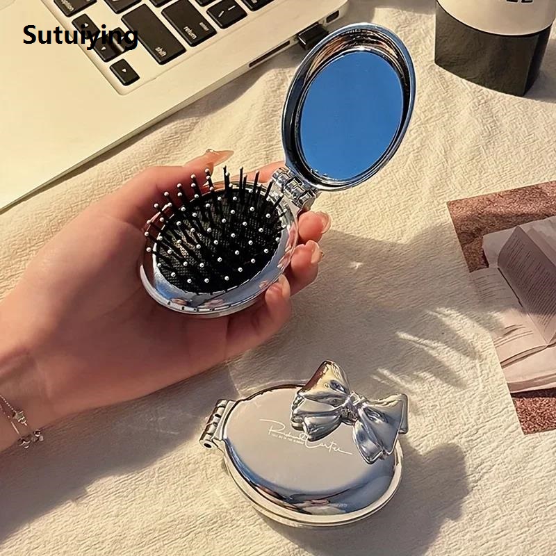 Sutuiying Portable Mini Bow-Shaped Hair Comb - Nylon Bristles Folding Air Cushion Fifty percent discount for Normal Hair Travel-Friendly Styling Tool with Mirror