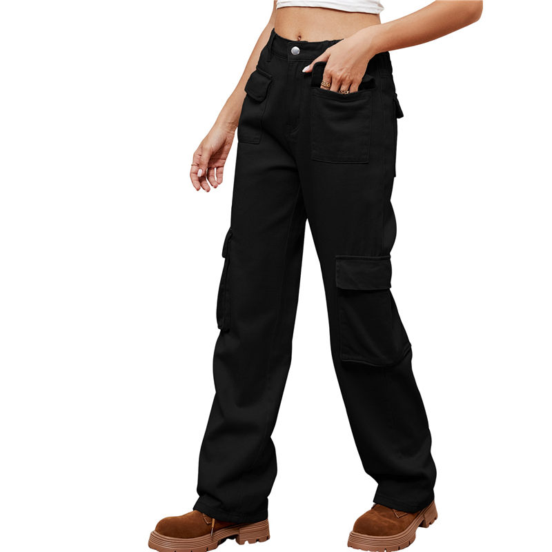 Women High Waisted Cargo Pants Wide Leg Casual Pants 6 Pockets Trousers