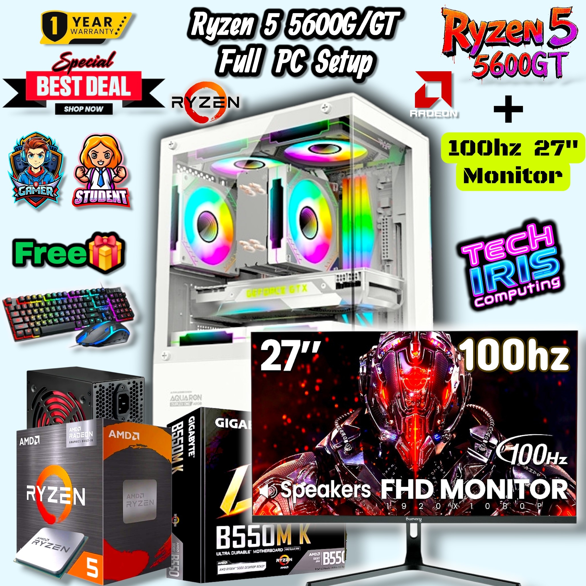 Transparent Gaming PC Ryzen 5 5600G/GT Pairs 27" 100hz 1ms 100%Srgb Gaming Monitor/ 8 & 16GB DDR4 RAM/ 512GB & 256GB Nvme Gaming CPU