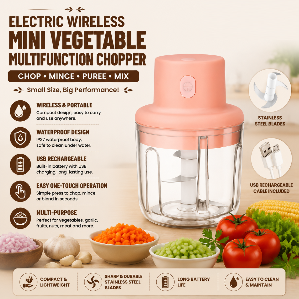 Electric Wireless Portable Waterproof USB Charging Port Rechargeable Mini Vegetable Multifunction Chopper By Trendwave