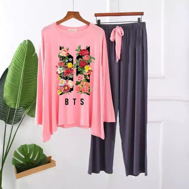 BTS FLOWER Printed Lounge Wear 2 piece Pajama Night Suit for Night Wear Home Wear For Girls Women
