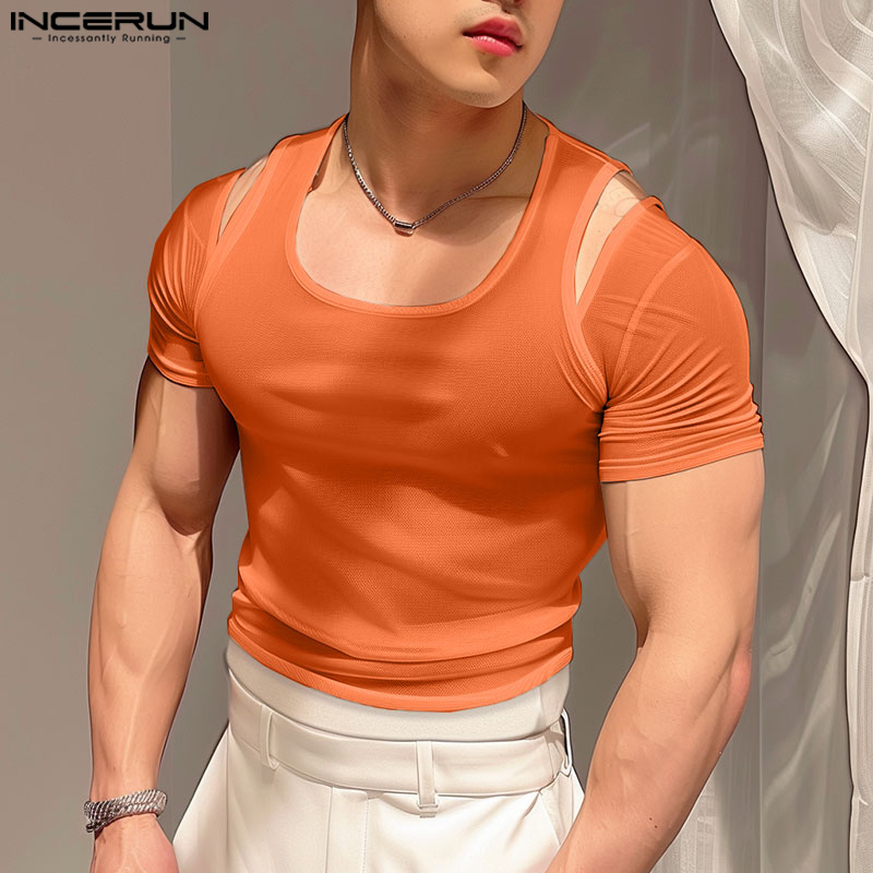 New style Top fashion t-shirt 2024 n men's tinceru shirt mesh transparent cut-out solid color o-neck sleeveless mens summer streetwear