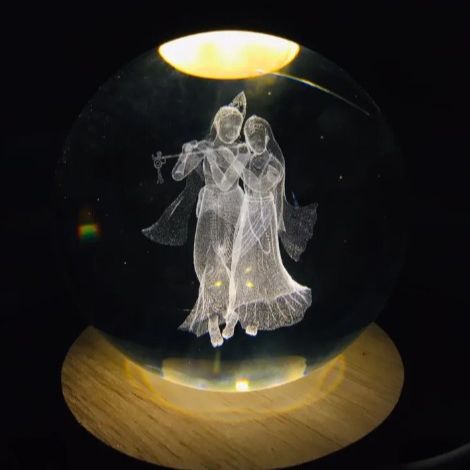 Radha Krishna Crystal Glass Ball Light 3D Nightlight Wooden LED Display Base Stand Home Decor 6cm