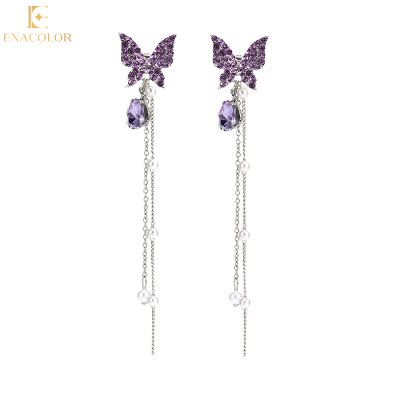 Long Dangle Earings Exquisite Purple Crystal Pearl Butterfly Drop Earring