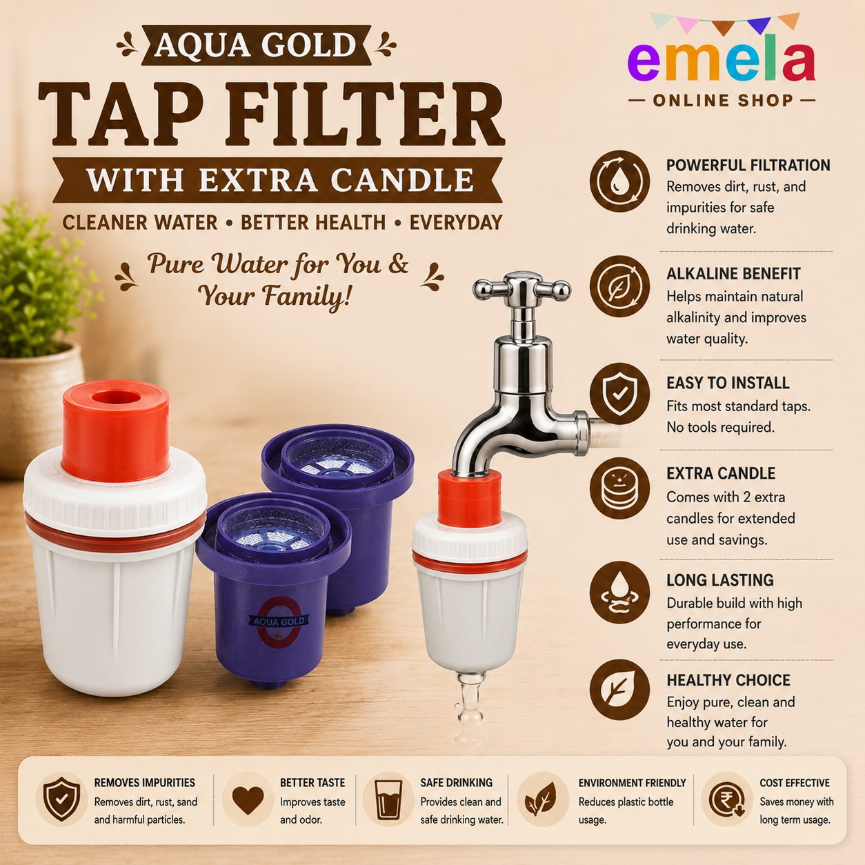 Aqua Gold Tap Filter with Extra Candle - Tap Filter with 2 Extra Candle, Pack of 1 Filter + 2 Cartridges, Alkaline, White