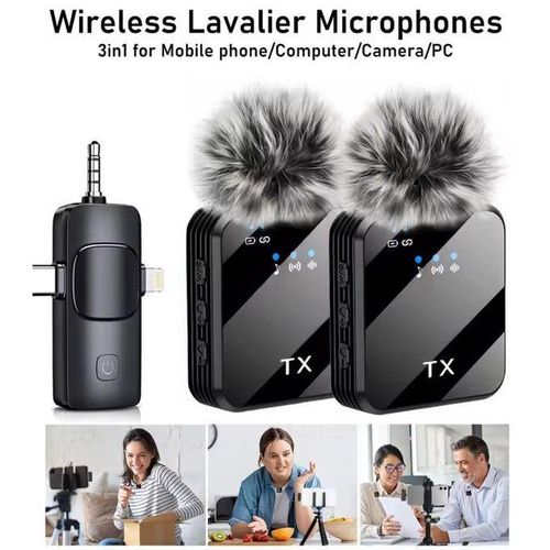 3 in 1 Wireless Microphone, Wireless Mic for Youtubers,Video Recording, Facebook, Compatible with Type-C Android/iPhone/Cameras/Laptop (Dual 2X Transmitter)
