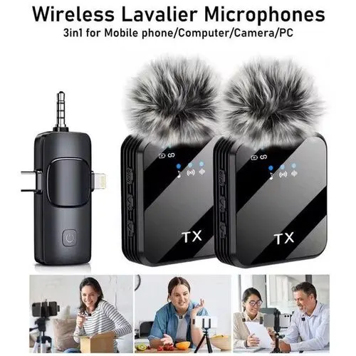3 in 1 Wireless Microphone, Wireless Mic for Youtubers,Video Recording, Facebook, Compatible with Type-C Android/iPhone/Cameras/Laptop (Dual 2X Transmitter)