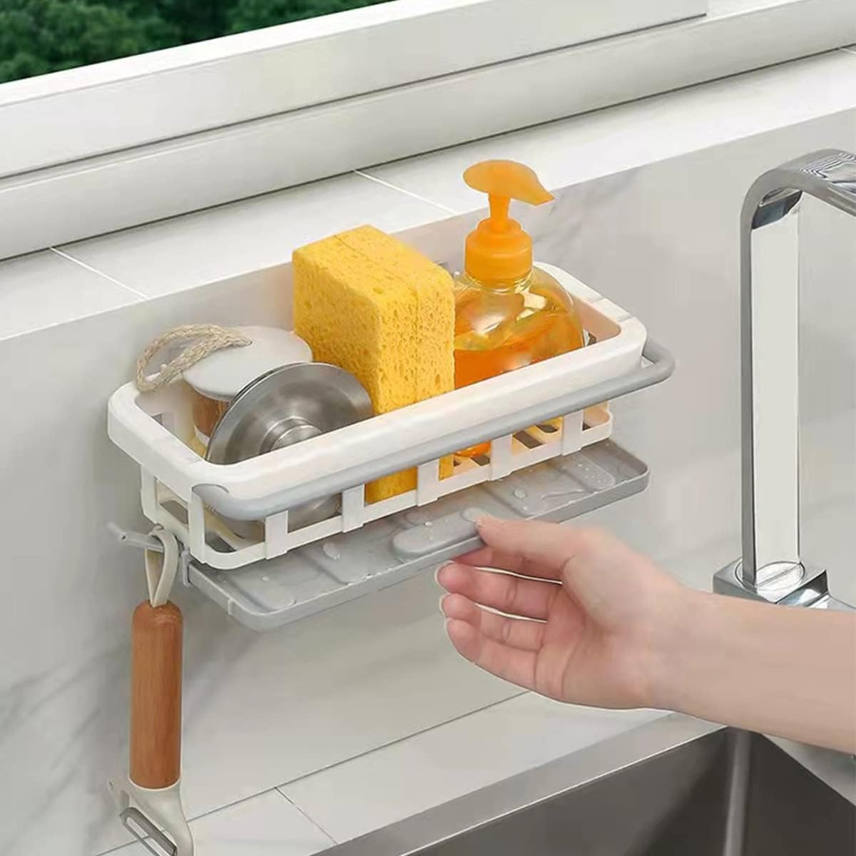 Kitchen Sink Organizer with Removable Drainage Tray, Kitchen Sponge Storage, Soap Dish Holder, Sponge Holder Basket, Plastic White