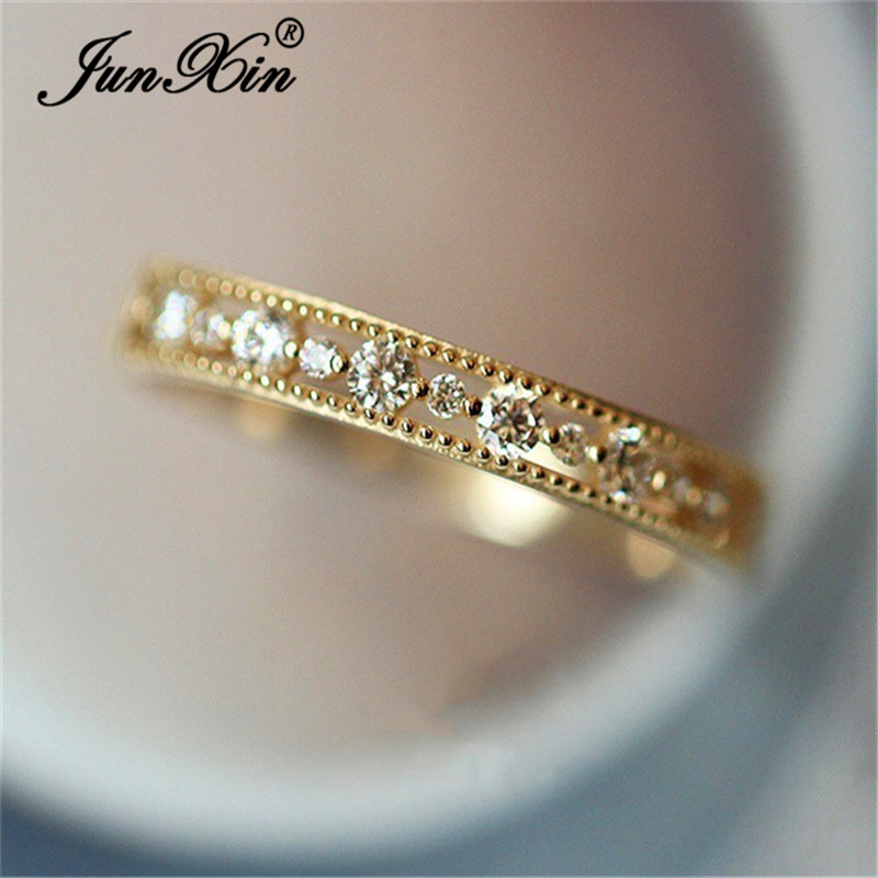 【Qian poem li Store】JUNXIN Stacking Eternity Rings For Wo White Gold Yellow Gold Filled Zircon Crystal Minimalist Thin Ring Female CZ