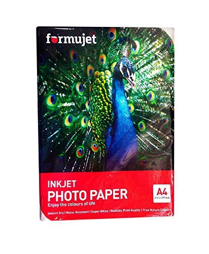 Formujet High Glossy Inkjet Photo Paper 265GSM A4 Size | Resin Coated | Waterproof | Suitable for All Inkjet Printers | Super White , Vibrant , Crisp , Smudge Proof , True Nature Colours | Excellent Quality