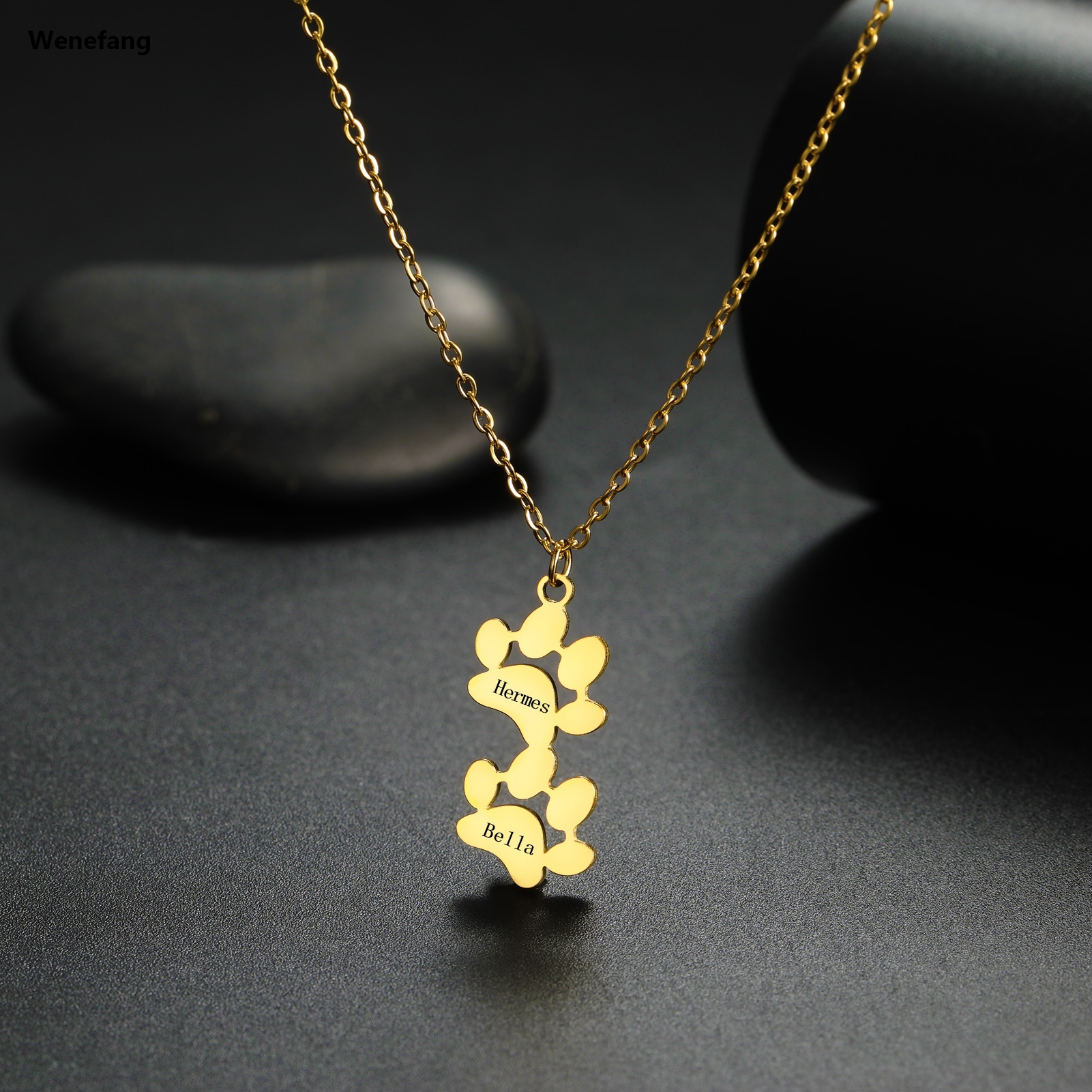 Wenefang Sipuris Dog Paw Custom Engrave Name Necklace For Women Men Stainless Steel Hip Hop Pet Pendant Jewelry Gifts For Pet Lovers