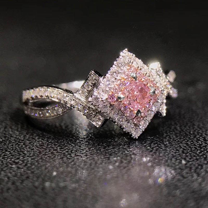 Feiyu copper-inlaid zircon crystal women's fashion light luxury versatile white gold personality sweet pink diamond geometric ring