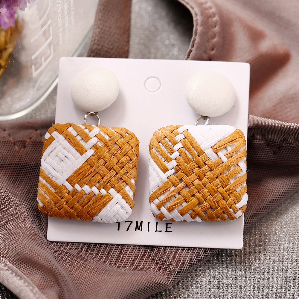 Spunky Addons Knit Earrings Ethnic Wood Bamboo Weave Geometric Circle Statement Drop Earrings Women