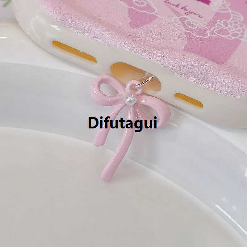 Difutagui Special Offer 1PC New Korea Cute Pink Bow Pearl For Phone Anti Dust Cap Sales promotion Charge Port Plug For iPhone Type C Dust Protection Stopper Accessorie