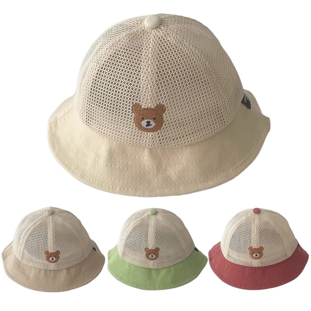 New Cartoon Bear Children Bucket Hats Large Brim Breathable Mesh Baby Beach Hat Cotton Panama Cap Outdoor