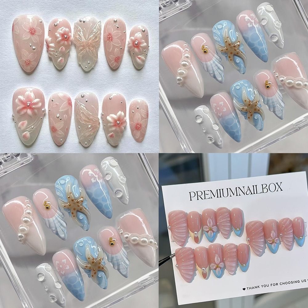 24pcs Manicure Long Almond False Nails French Aurora Wave Fake Nials Bow Pearl Flower Starburst Press on Nails DIY