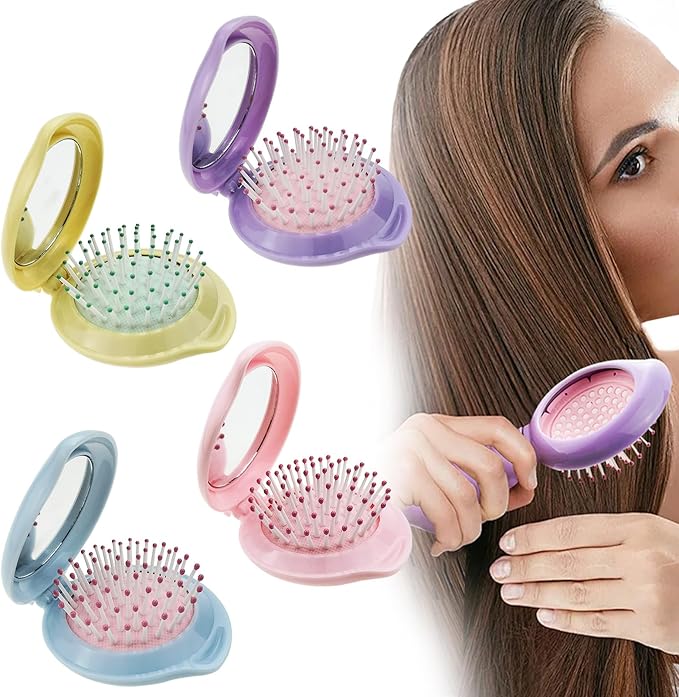 1 Piece Round Portable Folding Pocket Hair Brush - Mini Compact Travel Size Hair Comb & Scalp Massage Brush for Men, Women and Girls