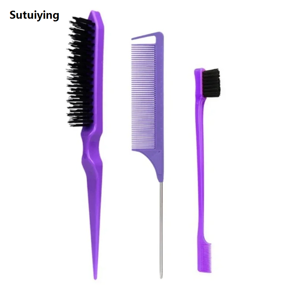 Sutuiying New 3Pcs Slick Back Hair Brush Set Bristle Hair Brush Sales promotion Brush Teasing Comb for Women Baby Kids Black Hair