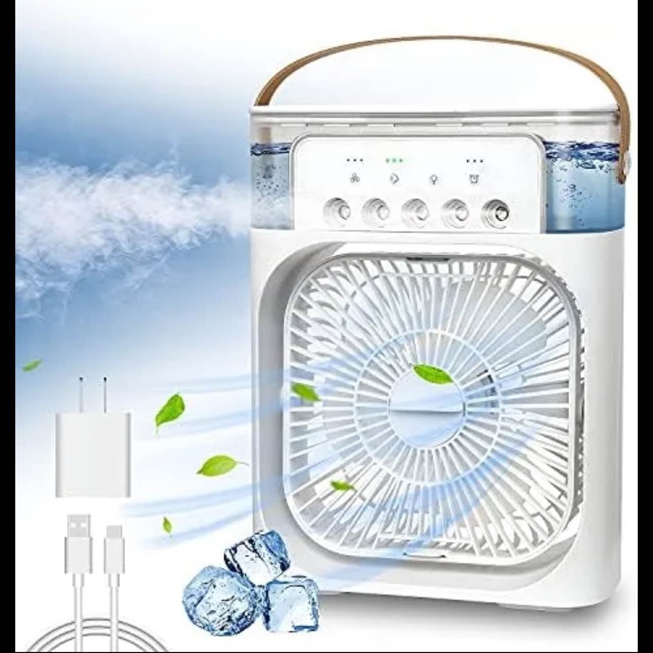 Portable Humidifier Air Cooler Mist Fan Mini Cooler for Home with 3 Speed Mode with Water Spray, 7 Color LED & Timer, USB Personal Cooler Desk Fan for Shop, Office, Kitchen
