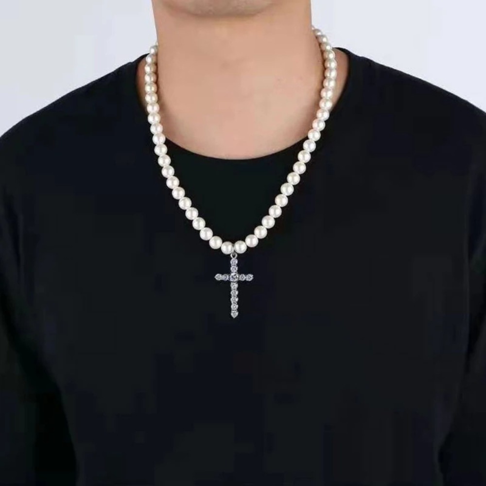 Hot Sale Trend Artificial Pearl Cross Necklace Imitation Pearl Stylish Hip Hop Pendant Retro Luxury Design Couple Pendant Fashion