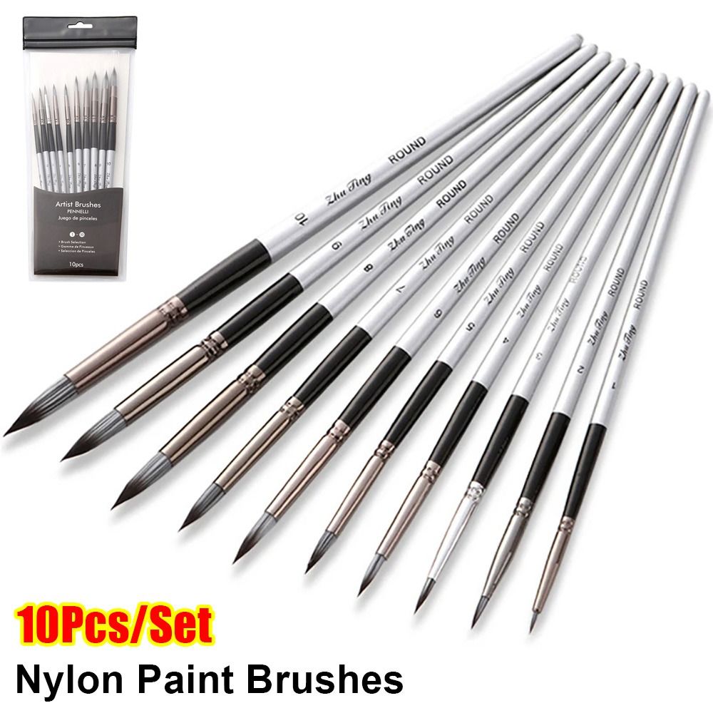 10Pcs/Set Durable Nylon Paint Brushes Watercolor Miniature Art Professional Artist Paintbrushes Wooden Handle Drawing Kit for Acrylic Oil Painting