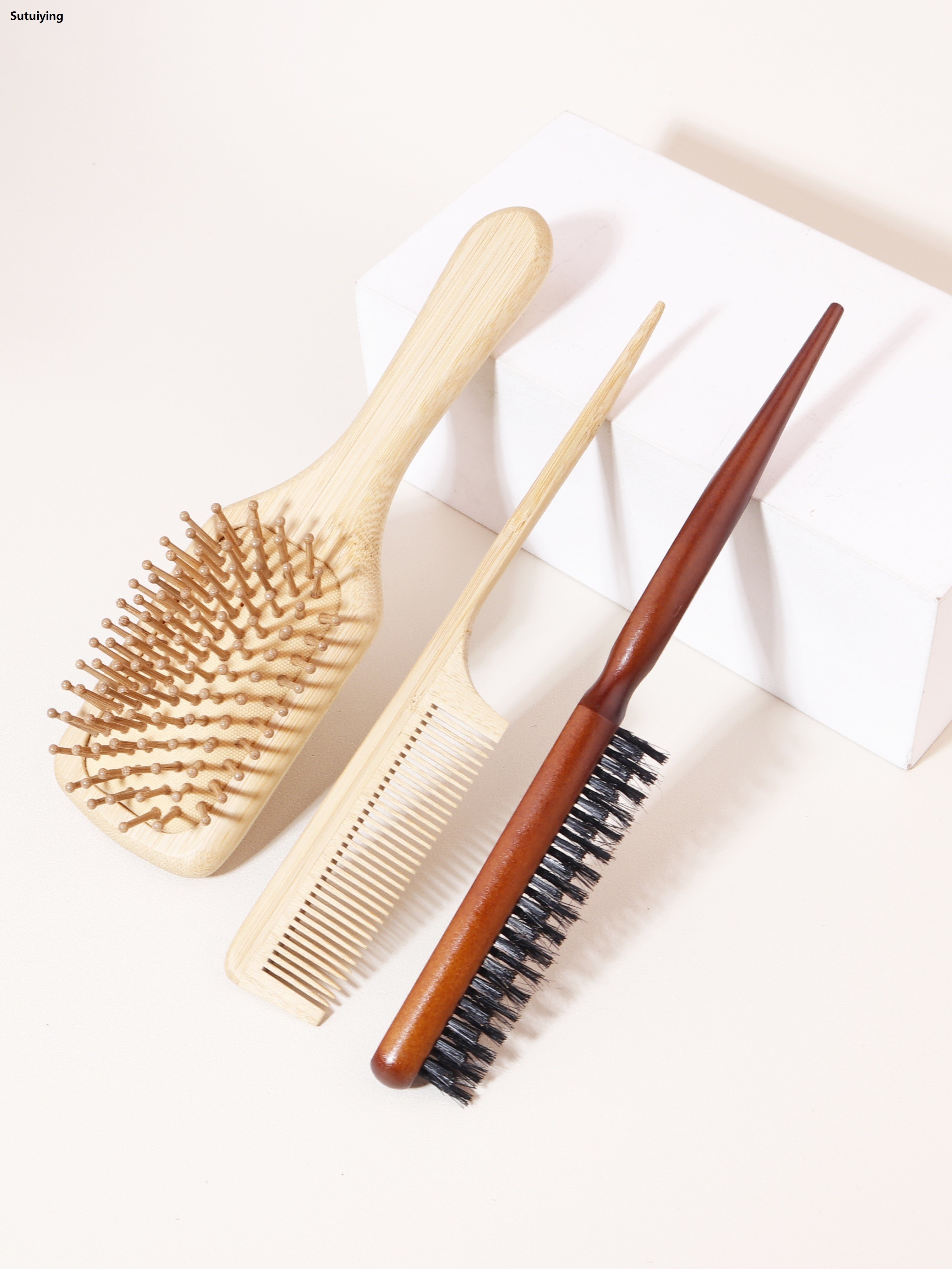 Sutuiying 3PCS styling set, natural bamboo and wood anti-static massage Sales promotion brush, pointed tail comb, wooden comb, household salon tool