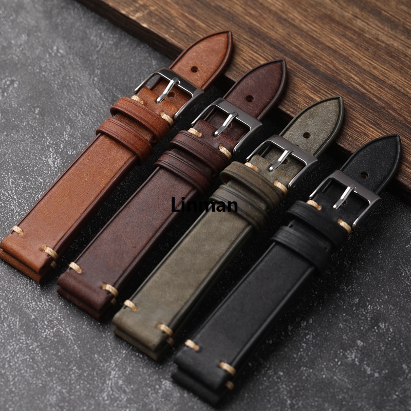 Vintage Brushed Leather Watchband 18 19 20 21 22MM Ultra-ThinLuxury Soft Leather, Black, Brown, Green Grey With Antique Bracelet