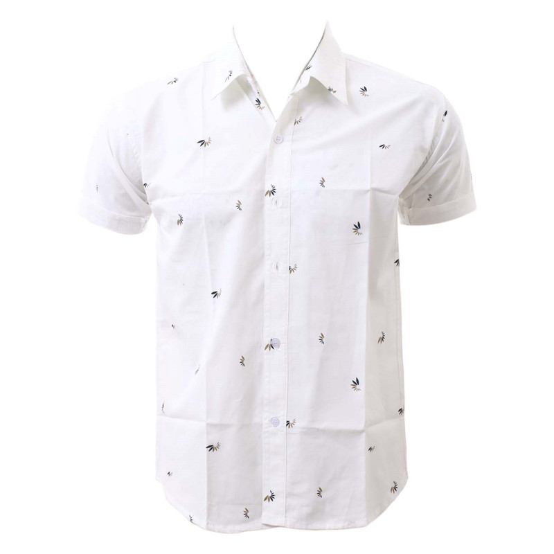 White Cotton Half Sleeve Flower Printed Shirt For Men