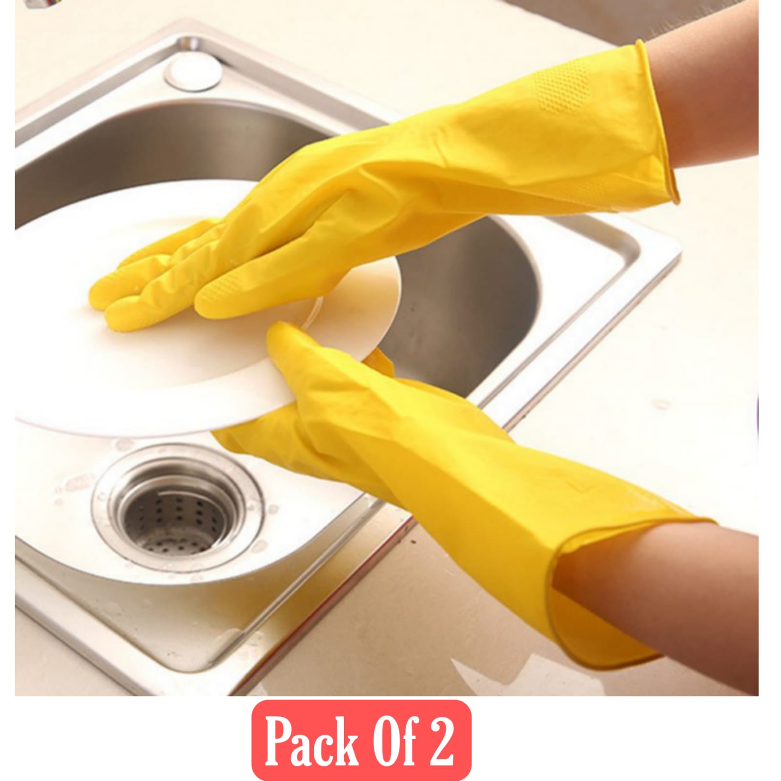 Yellow Rubber Latex Reusable Dishwashing Laundry Gloves Cleaning Gloves - Pack Of 2