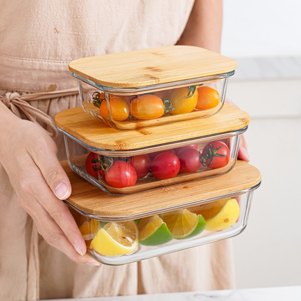 Portable Glass Fresh-Keeping Box Heat-Resistant High Borosilicate Microwave Oven Lunch Box Leakproof Bamboo Lid Office Worker Bento Box Office