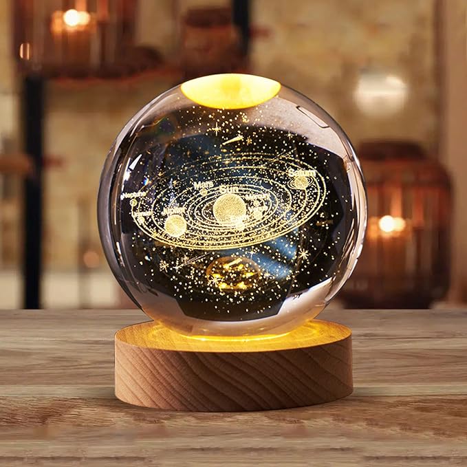 Night Lights 3D Solar System Crystal Ball Night Light Warm White Wooden Base Fantasy Decoration Ball Projection Lamp