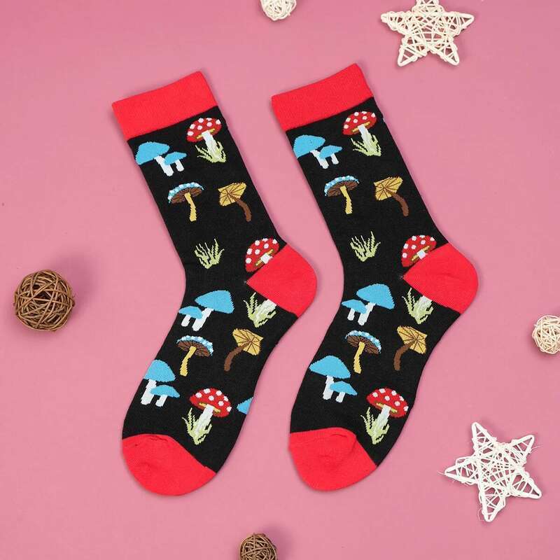 1 Pair Multicolor Mushroom Umbrella With Black Background Breathable Mens and Womens Mid-calf Socks Suit In All Seasons