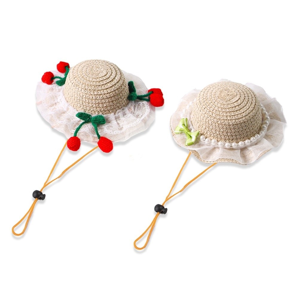 Soft Texture Lace Decor Pet Hat Breathable Lightweight Cat Headwear Pearl Detail Adjustable Dog Straw Hat Daily Outdoor