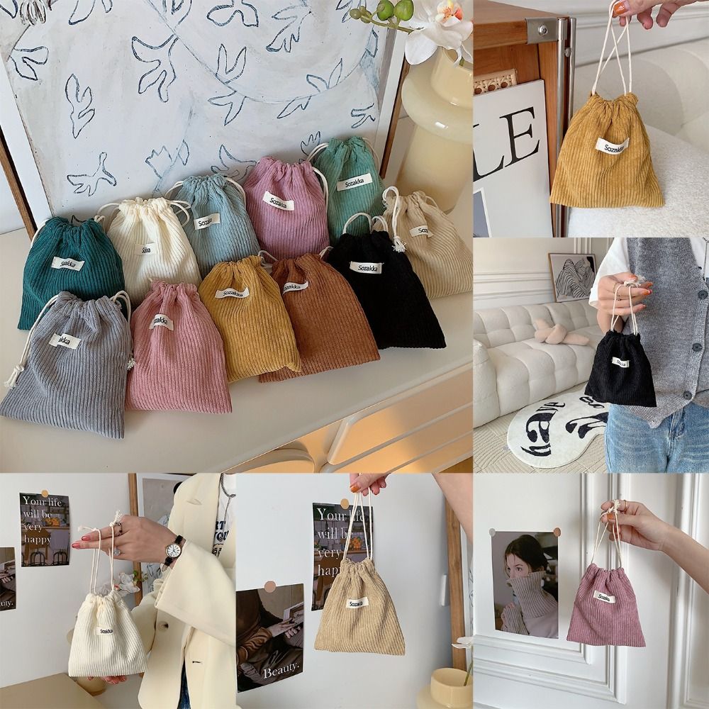 Convenient Solid Color Corduroy Drawstring Bag Pastoral Literary Style Coin Purse Vintage Drawstring Pocket Jewelry Storage Bag Women Girls Ladies