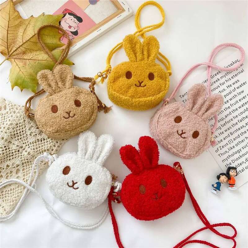 Cute Little Rabbit Plush Drawstring Casual Children Baby Shoulder Sling Bag For Toddler Preschool Kids Gift
