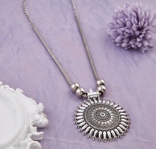 Mridu Oxidized Silver Chain Pendant Handmade Antique Boho Trendy Simple Vintage Jewelry 3.6" Round Design Jewelry for Women