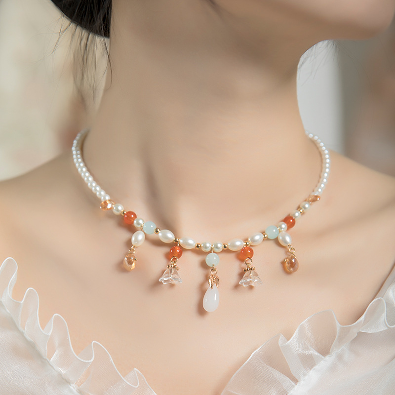 【Essential Good Item】Wreaths All Necklace Women's Retro Cheongsam Pearl Pendant Super Fairy Lily of the valley Soft Wreaths All Antique Han Clothing Accessories in the Moon