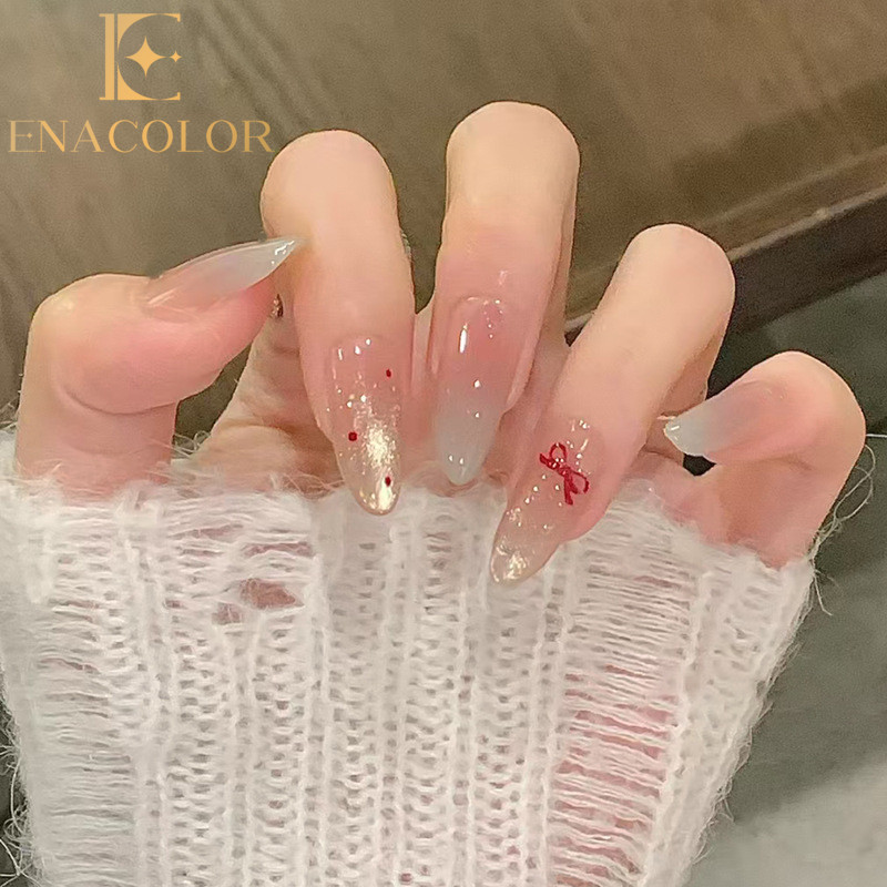 Enacolor 24Pcs Delicate Bow Knot Fake Nails with Glue DIY Art Design False Nails Wearable Nails Stylish Pattern Artificial Nails