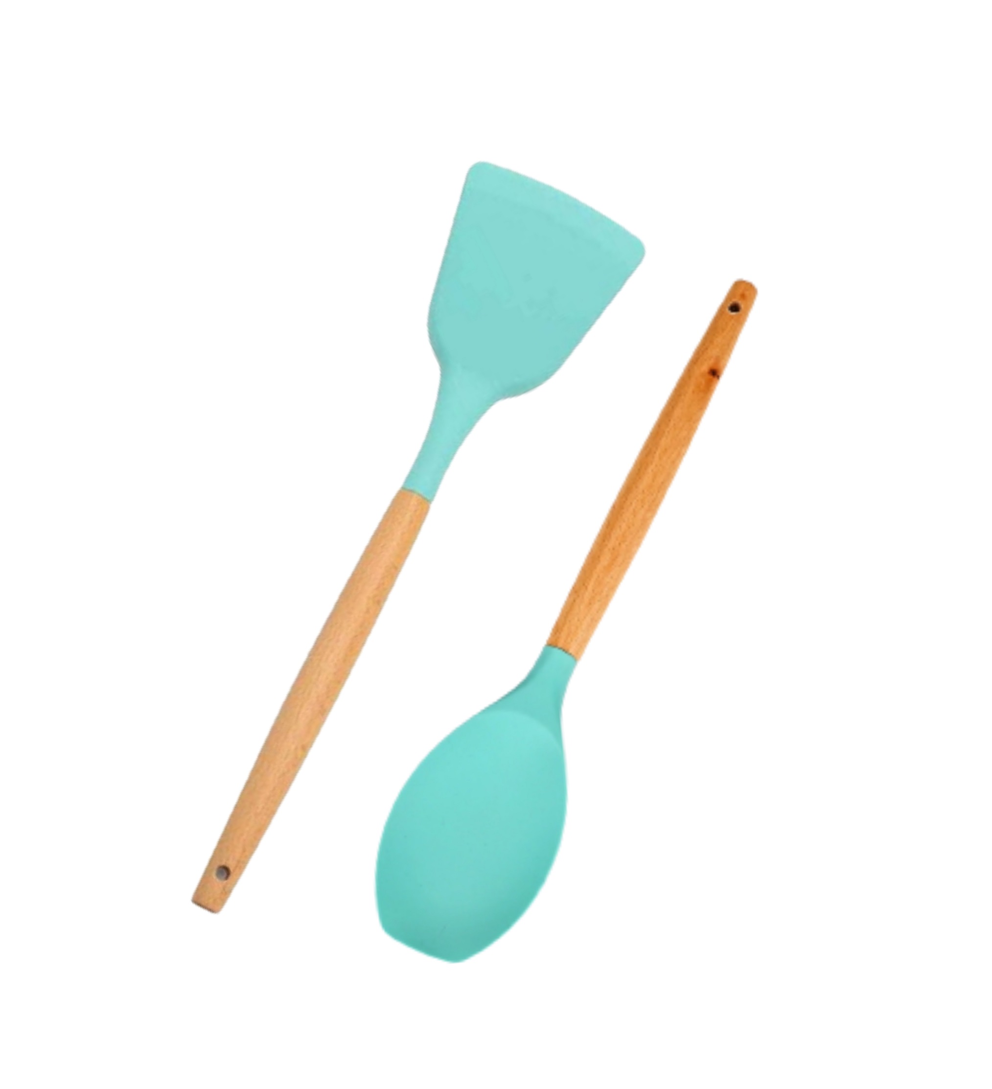 2 Pc Silicone Cooking Turner And Solid Spoon With Wooden Handle