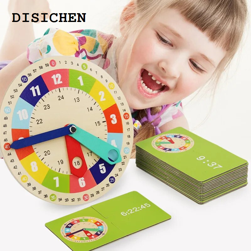 DISICHEN Luxury wall clock Wooden Clock Model Teaching Aid,Montessori Learning Clocks with Cards,Kindergartner Toy for Game,Interaction Playroom Wall