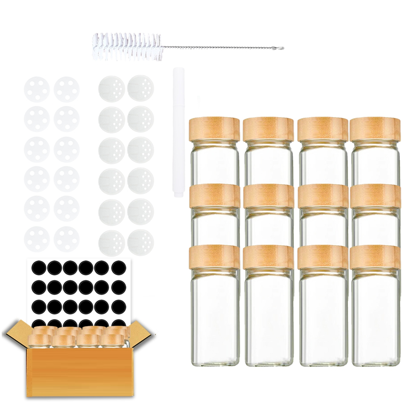 Spice Jars with Label Organizer, 12 Seasoning Organizer Glass Spice Jars with Bamboo Lids, Seasoning Containers Set-B Easy Install