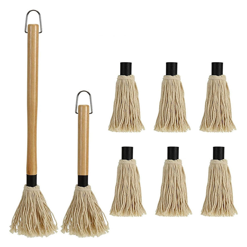 2 Pack Grilling Basting Mop, BBQ Sauce Basting Mops & Brushes with Wooden Long Handle and 6 Extra Replacement Parts Accessories