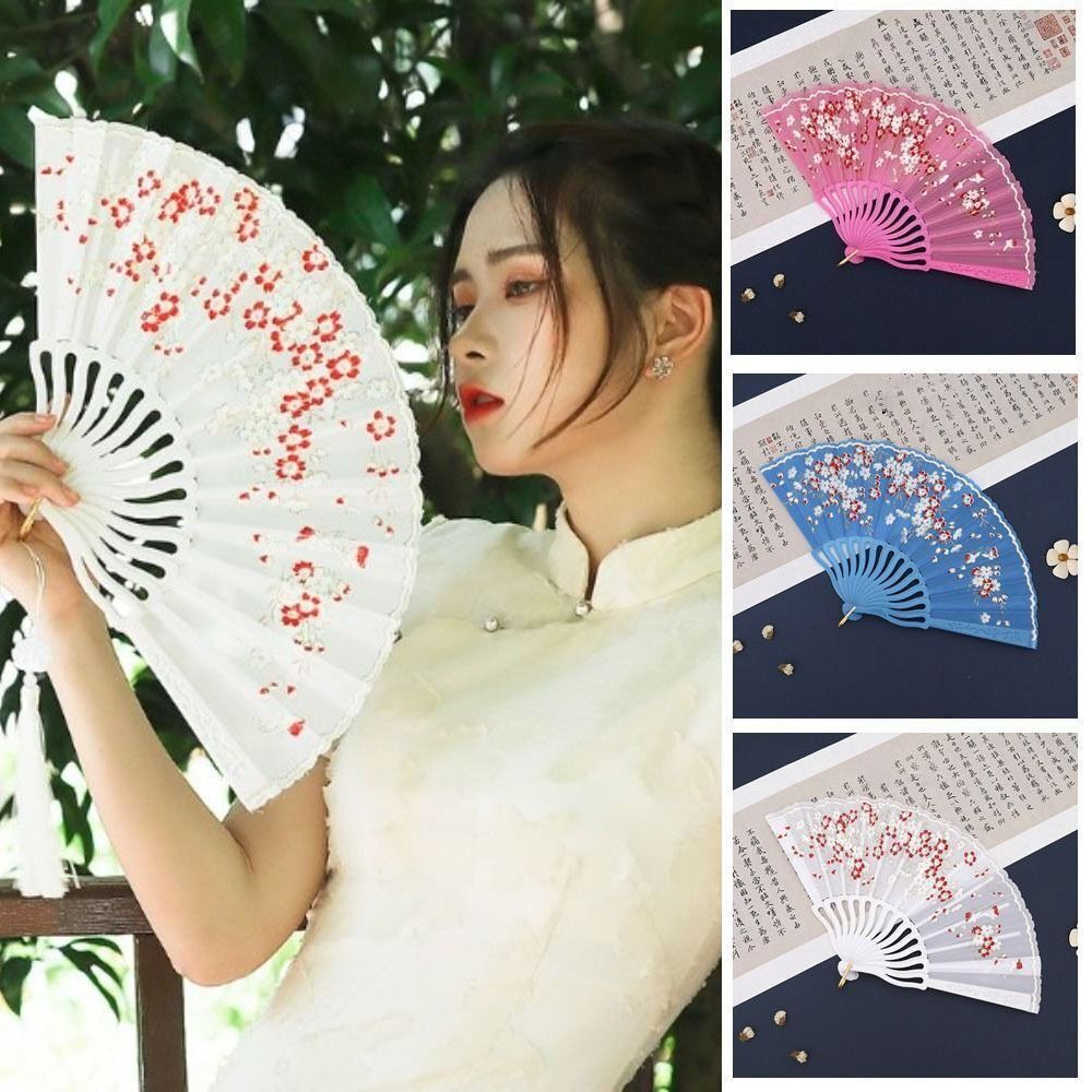 Elegent Chinese Style Plum Blossom Fan Cloth Plastic Dance Fan Flower Pattern Home Decoration Hand Held Fan