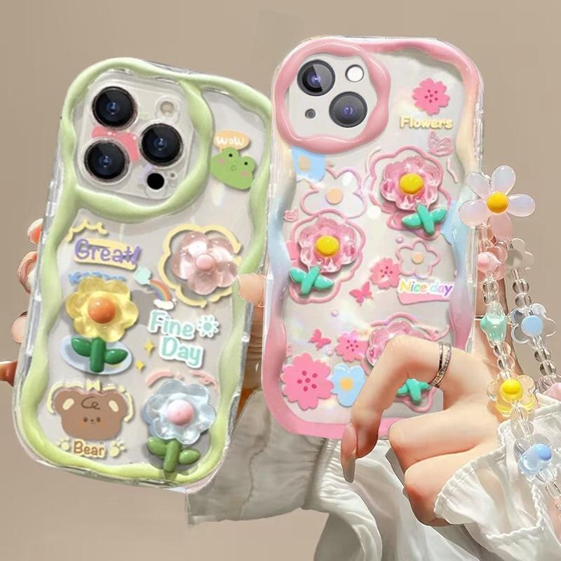 3D Flower Hang Phone Chain Clear Case for Realme C53 C55 C67 C63 C65 C35 C21Y C25Y C30 C33 C51 8 10 11 12 Pro Plus GT 6 5G Cover