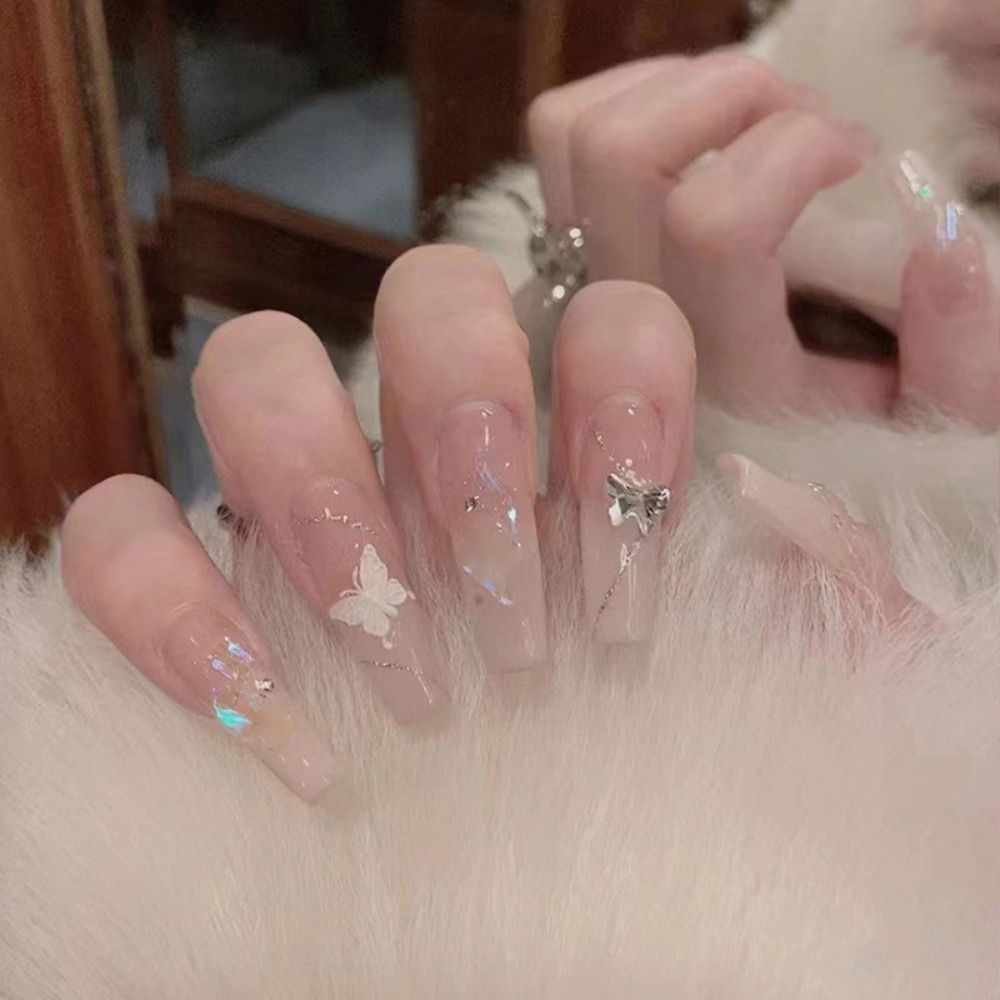 24pcs Manicure DIY Dazzling Crystal Press on Nails Shining Fake Nails Long French Ballerina